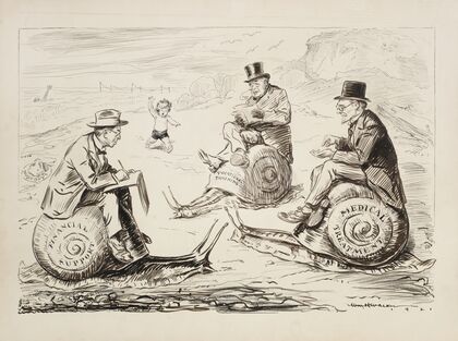 A young boy approaches three men writing and riding snails (1921)