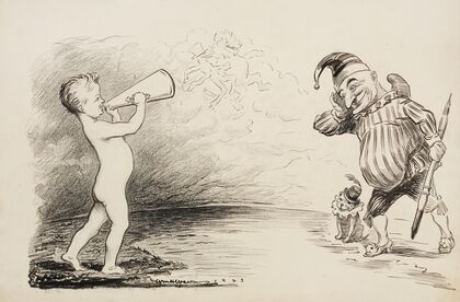 A young boy shouts through a megaphone at a man and a dog wearing jester’s outfits (1921)