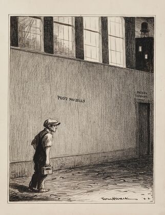 A young boy with a lunch box goes to work at a factory. (1922)