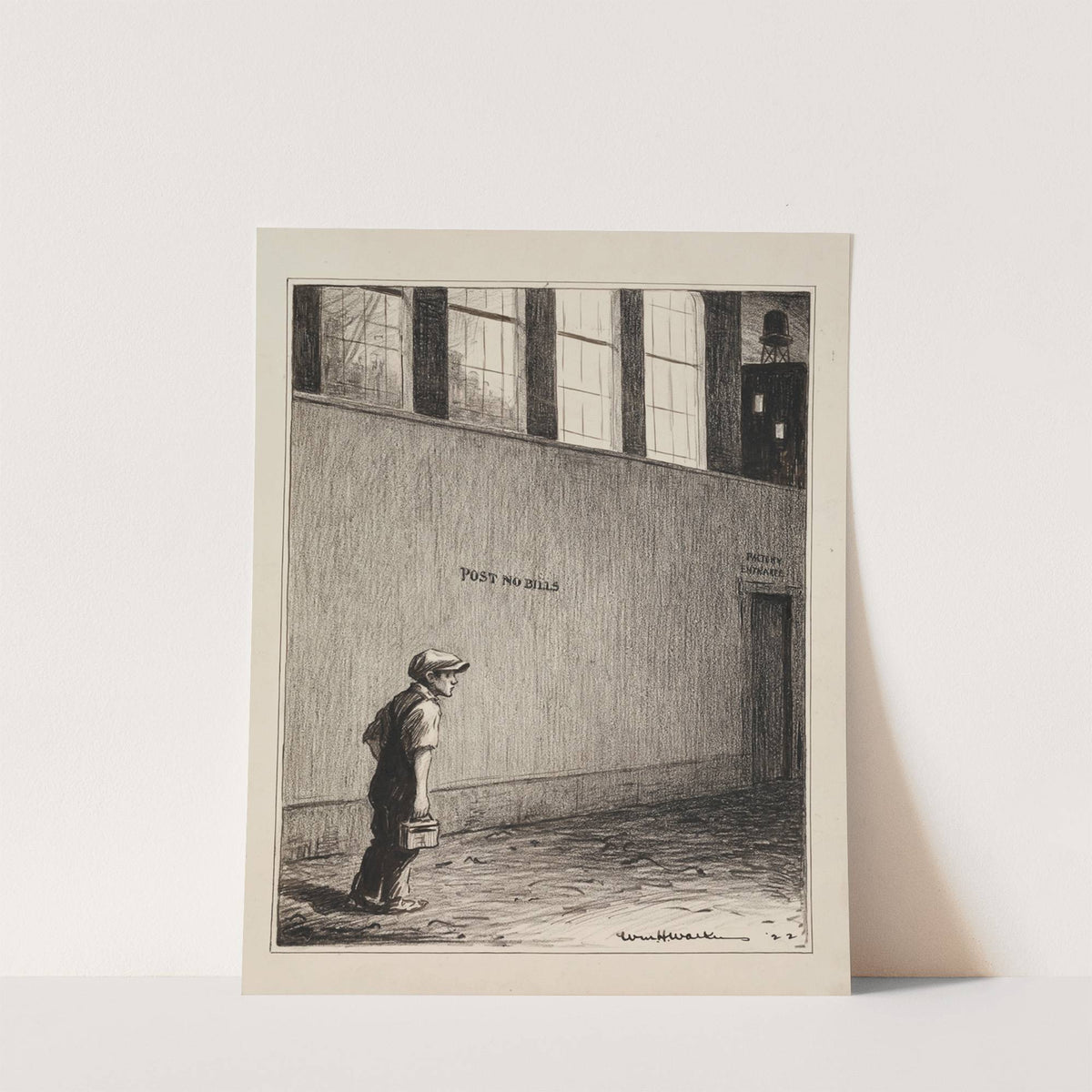 A young boy with a lunch box goes to work at a factory. (1922) by William Henry Walker