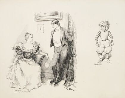 A young couple in fancy clothes talking together. And a figure in exaggerated football uniform. (1896)