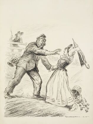 A young farm girl, representing civilization, is grabbed by a rough man representing Germany or Prussia and tries to defend herself with an umbrella (1916)