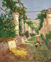 A young girl feeding turkeys in a sunlit pergola in Capri