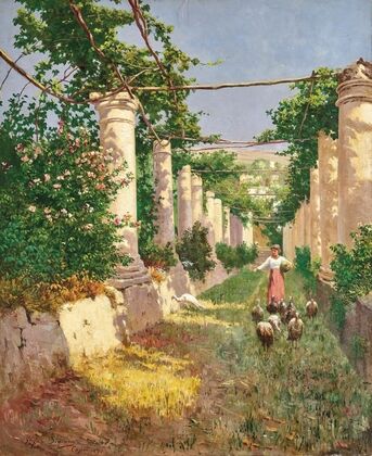 A young girl feeding turkeys in a sunlit pergola in Capri