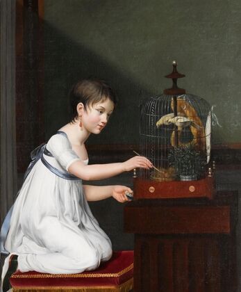 A Young Girl In A White Dress With A Green Sash, Kneeling By A Bird Cage While Tending To Her Birds