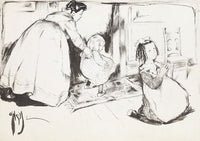 A young girl kneels to pray, while behind her a woman guides a younger girl towards an empty chair. (1902)