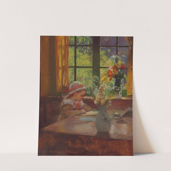 A young girl with bonnet reading by a window by Gaston La Touche