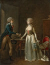 A young man presenting a lady with a bouquet of flowers in an interior