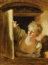 A young woman leaning out of a window