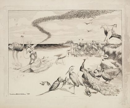 A young woman on a beach is frightened by and surrounded by a crowd of birds of various species. (1898)