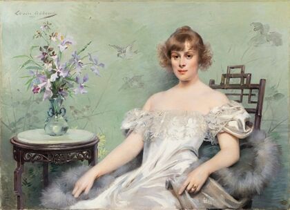 A young woman with a vase of flowers