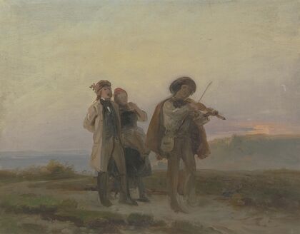 Abendlicher Spaziergang, Geiger und Bauernpaar auf den Feldern