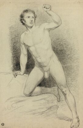Academic Male Nude Leaning on Platform