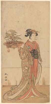 Actor Nakamura Matsuge Portraying a Young Woman Holding a Pot Containing a Dwarf Tree