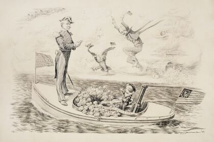 Admiral Dewey rides in a boat (called Life) which is steered by a young boy (1900)