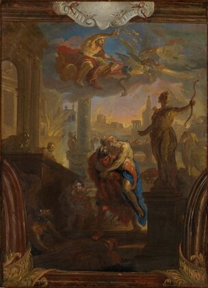 Aeneas rescues his father Anchises from the burning Troy, Vulcan in the sky on his chariot