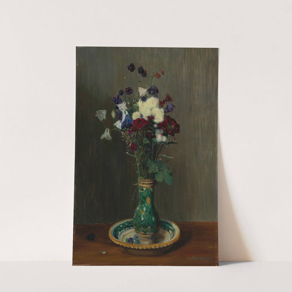 Akeleien und Nelken in grüner Vase by Gustav Kampmann