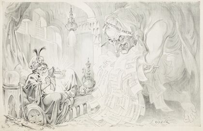 Aladdin-like figure wearing hat of ‘Vested Interests’ lounges on an ottoman. — size preview