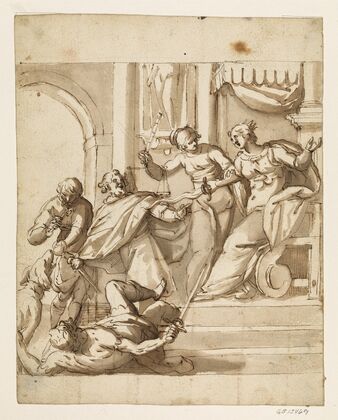 Allegorical composition with Justice restraining an enthroned queen