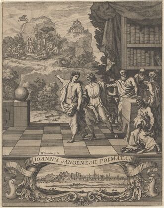 Allegorical female figure points young man to Mount Parnassus (1654)