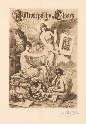 Allegorical figure with wings shows prints amid graphic attributes (1890)