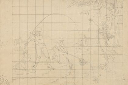 Allegorical scene in which goddesses offer packets to fisherman, who eagerly use their lines and nets to catch them