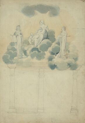 Allegorical scene of female figures in clouds atop columns