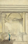 Allegorical scene of interior with columns, Minerva, Fame, and other figures