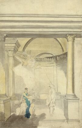 Allegorical scene of interior with columns, Minerva, Fame, and other figures