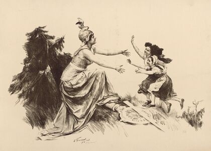 Allégorie féminine guerrière piétinant des armes allemandes et accueillant de jeunes enfants (1914-1918)