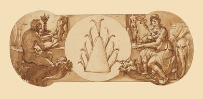 Allegories of Study and Intelligence Flanking the Zuccaro Emblem (1595)