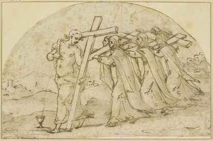 Allegorische Darstellung des kreuztragenden Christus, gefolgt von kreuztragenden Nonnen