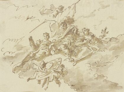 Allegorische Figurengruppe auf Wolken.