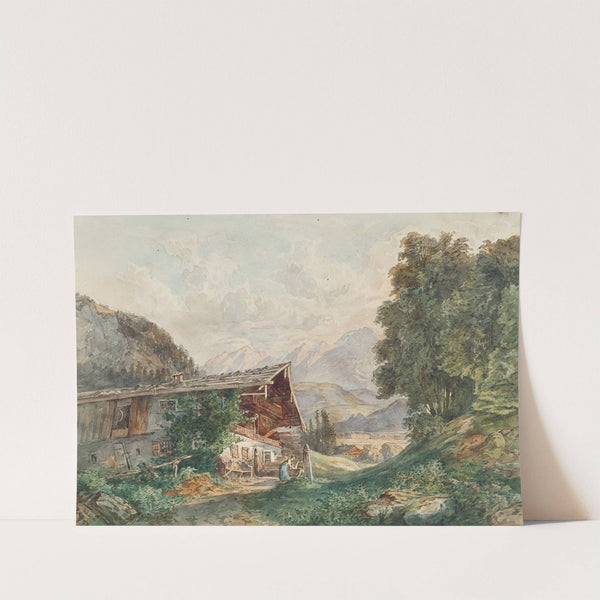 Alpenlandschaft mit Bauernhaus und Frau am Brunnen (1860) by Franz Barbarini