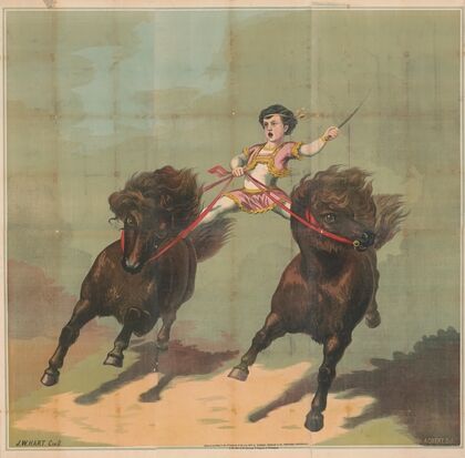 Acrobat riding two horses (1871)