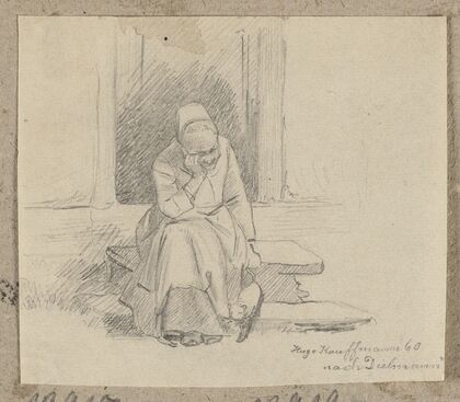 Alte Frau auf der Haustreppe
