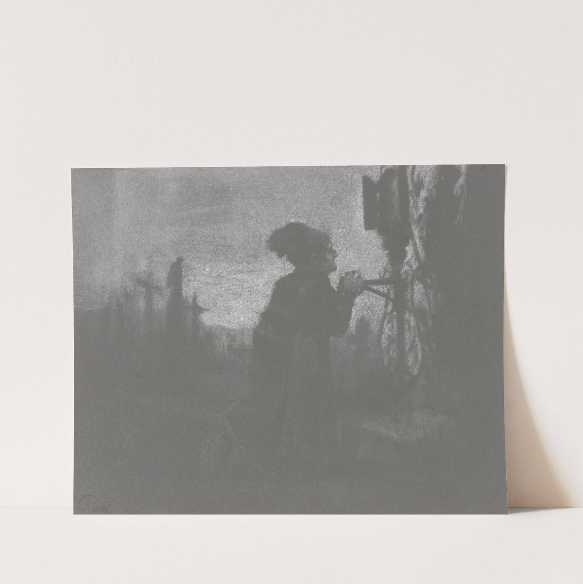 Alte Frau im Gebet kniend auf einem Friedhof by Alois Penz