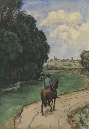 Am Waldesrand. Reiter auf einem Wege, bildeinwärts