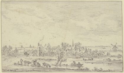 Am Wasser ein Dorf, vorn Hirten mit Vieh, auf dem Wasser ein Kahn, rechts eine Windmühle