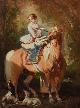 Amazone blonde regardant deux chiens et un cheval Alezan Clair