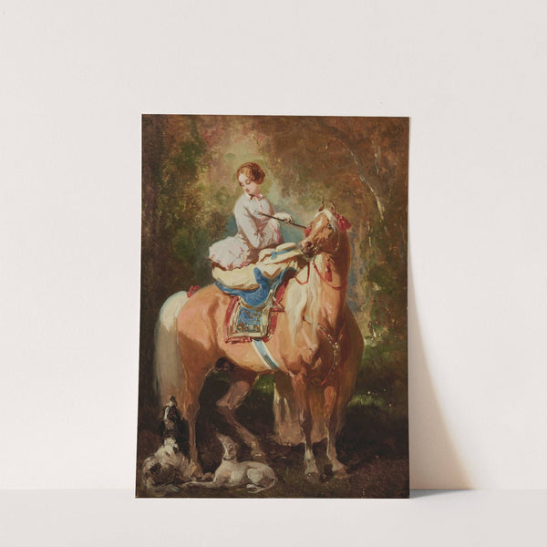 Amazone blonde regardant deux chiens et un cheval Alezan Clair by Alfred De Dreux