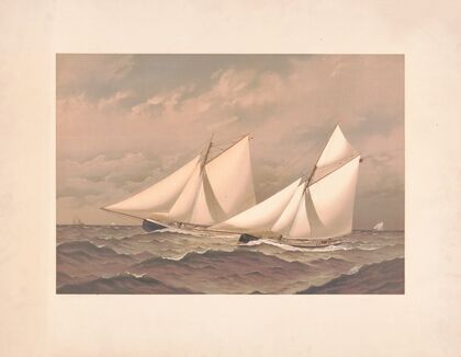 American yachts, extra plate, for the America’s Cup – 1885- near the finish, Purtian. Genesta (1886)
