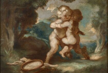 Amour ailé lutinant avec jeune faune