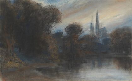 An Abbey by a Wooded Lake at Twilight