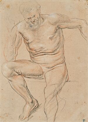 An academy of a male nude seated