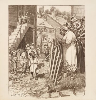 An African American woman talks angrily to an African American boy, who is in the street with a group of white children. (1900) — size preview