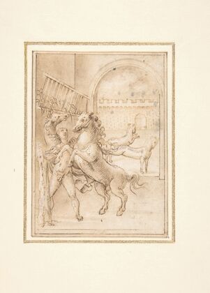 An Allegory; Male Nude in a Stable with Four Wild Horses