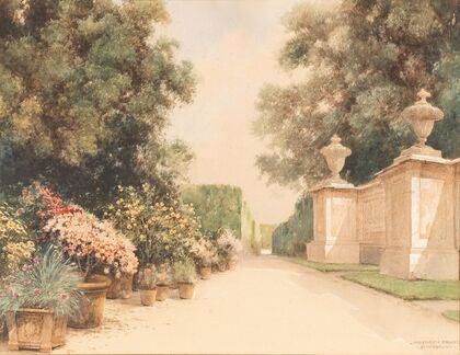 An alley in the Grand Parterre, flower pots and part of a wall in Schönbrunn park