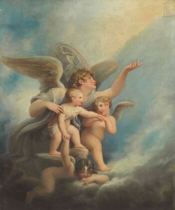 An angel and putti accompanying a child’s soul to heaven