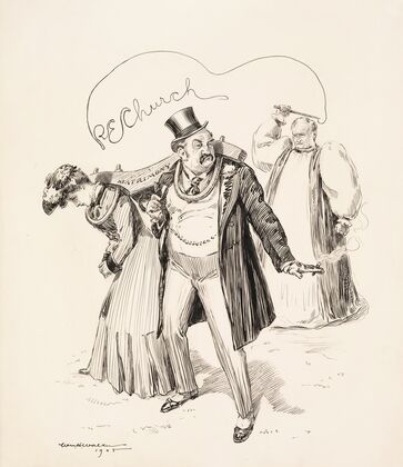 An angry man and a sad woman are yoked together in matrimony by a priest in a large robe (1905)